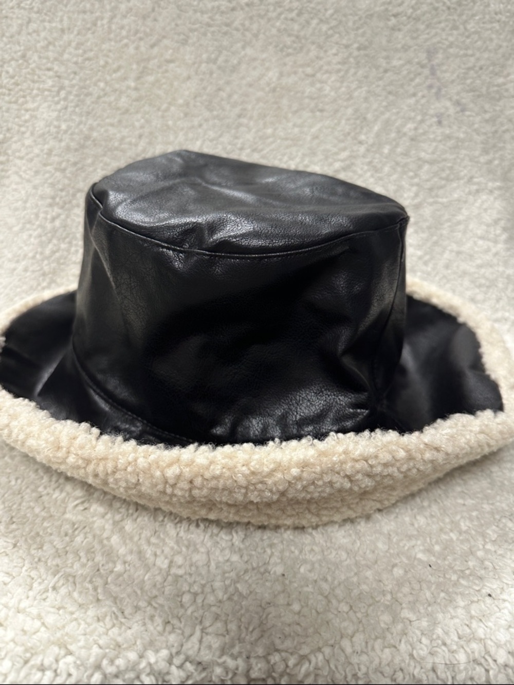 SHIRALEAH marta bucket hat in super soft black vegan leather and Cream Sherpa.